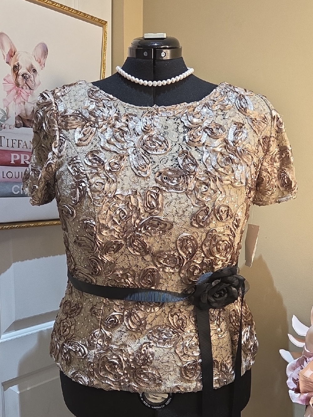 Nwt 1X Alex Evenings Gold Brown Lace Peplum Blouse with Ribbon Tie